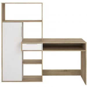 Calicosy Bureau 1 tiroir, 1 porte, 5 niches décor chêne et blanc L162,8 cm - FUNCTION