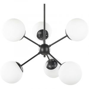 Image de Beliani Lampe Suspendue Moderne &agrave; 6 Places d'Ampoules en Verre Blanc et Forme de Globe Tiges Noires Adawro - Noir