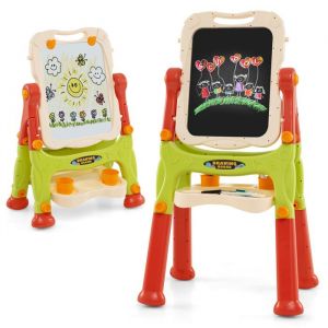 Costway - Tableau Enfant Double Face avec 2 Hauteur Réglable, Chevalet Enfant sur Pieds avec Plateau de Rangement & 2 Pots, Tableau Pivotant à 360°