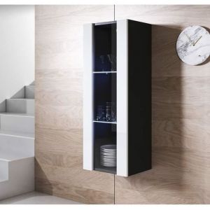Vitrine Armoire 1 porte LED - LUKE - Noir et Blanc - 3 compartiments - Rangement
