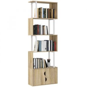 Homcom Bibliothèque design zig zag - 4 étagères, 2 portes - effet bois acier naturel