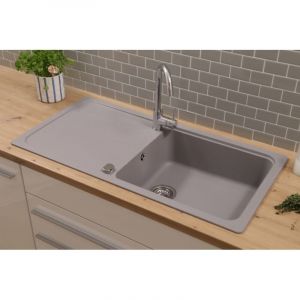 Respekta Austin Évier en granit massif 100 x 50 cm/résistant à la chaleur/égouttoir biseauté/montage encastré et encastré / 1 bac/pour meubles bas à partir de 60 cm de large/gris