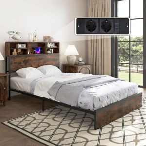 Coast Cadre de lit double 200 x 140 cm - Cadre en m&eacute;tal avec chargeur - Rustic Brown - Avec t&ecirc;te de lit avec rangement