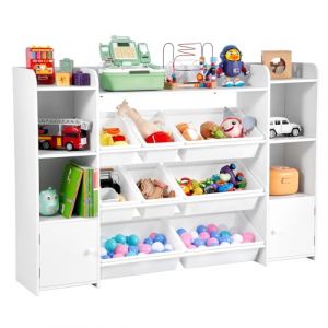 VEVOR Meuble de Rangement Jouets Enfant &agrave; 4 Niveaux avec biblioth&egrave;que, Grande &eacute;tag&egrave;re d'organisateur de Jouets avec 8 bacs en Plastique Flexibles, pour Salle d'&eacute;tude, Chambre, Salle de Jeux, Blanc