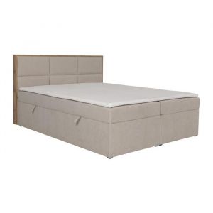 Ensemble complet literie déco tête de lit encadré bois + sommiers coffre + matelas + surmatelas - 160 x 200 cm - Tissu - Beige -