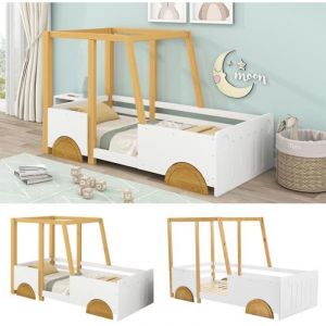 Lit voiture enfant avec roues en MDF, lit garcon avec cadre en pin, blanc + naturel (90x200cm)