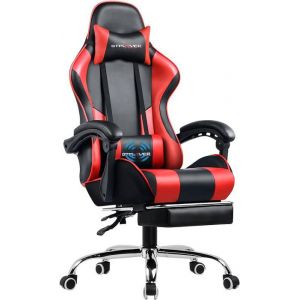 GTPLAYER Chaise Gaming Fauteuil de Bureau Chaise de M age Lombaire Pivotante avec Repose Pieds Accoudoirs en Cuir de PU (Rouge)