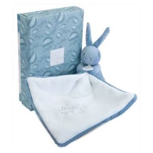 Image de Doudou et Compagnie Doudou Lapin Bleu avec Boite Cadeau pour Offrir - Doudou Peluche Bébé Ultra Doux avec Mouchoir Blanc à Motif Fleur - Idée Cadeau Naissance Filles Garçons - DC4362