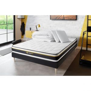 Pack prêt à dormir 140x200 matelas SOFT + sommier kit noir + 2 oreillers mémoire de forme 60x40cm + Couette Percale 240x220 cm