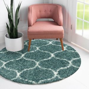 Image de SALMA - Tapis Rond à poils longs et motifs Alhambra - Turquoise et Blanc 080 x 080 cm