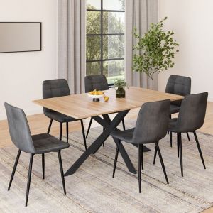 Idmarket Ensemble table à manger rectangle ALIX 160 cm bois et noir et 6 chaises MILA en velours gris foncé