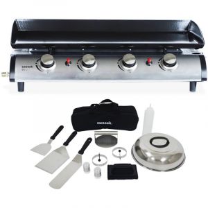 Plancha au gaz 4 feux. Porthos 4 br&ucirc;leurs. 10 kW barbecue grande plaque &eacute;maill&eacute;e inox avec ustensiles