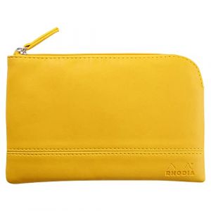 Rhodia 116548C - Pochette Zippée en Simili Cuir - Jonquille - Taille S (11 x 17 cm) - Coutures Véritables - Intérieur Tissu Orange - Rangement Documents, Petites Fournitures