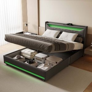 Lit coffre 140 x 200 avec sommier,lit 2 personnes avec rangement,LED et USB,lit tapissé avec sommier à lattes bois,lit 140x200 pour adulte,lin gris