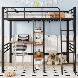 Fortuna Lai - Lit mezzanine 90x200cm - lit enfant en fer avec bureau, plusieurs étagères, balustrade, échelle, sans matelas - noir