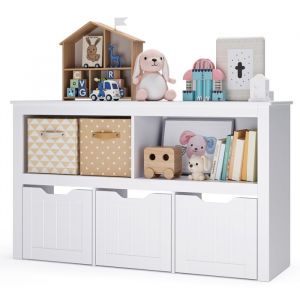 Meuble de Rangement pour Enfants Bealife Biblioth&egrave;que pour Jouets avec 3 Tiroirs 2 Compartiments Ouverts pour Chambre d'enfants Salon Blanc 102 x 30