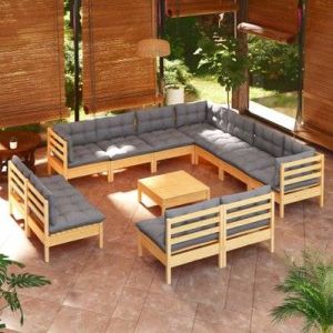 VidaXL Ensemble de jardin modulaire 11 pi&egrave;ces en bois de pin avec table et coussins couleur grise