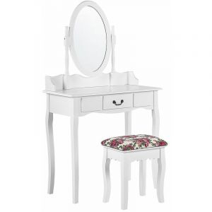 Image de Beliani Coiffeuse blanche 1 tiroir avec miroir et tabouret SOLEIL