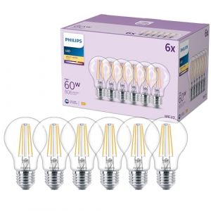 Philips Ampoules LED classiques A60, 60 W, Verre transparent, Culot E27, Blanc chaud 2700 K, Pack de 6