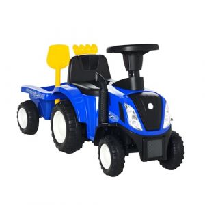 Homcom Porteur tracteur enfants - coffre amovible râteau et pelle - lumière LED et klaxon - PP métal - 91 x 29 x 44 cm - bleu