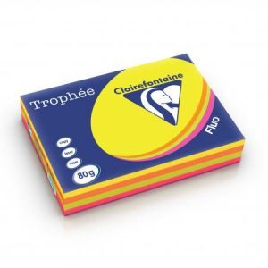 Image de Clairefontaine 1709C - Ramette de 500 feuilles de papier Troph&eacute;e assorti fluo (jaune, orange, vert, rose), A3, 80 g/m&sup2;
