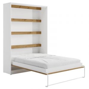 Vente-unique - Lit escamotable 140 x 200 cm - Ouverture verticale manuelle - Avec LEDs - Blanc et naturel - rapili