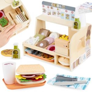 Mamabrum Jouet dimitation Bar à Sandwich en Bois- Marchande Restaurant- Jeu de rôle- Chef- Dinette Accessoires de Cuisine