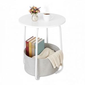 Relaxdays Table d'appoint, Table Basse Ronde avec Panier en Tissu, Dimensions : 50 x 40 cm, MDF et m&eacute;tal, Blanc/Gris
