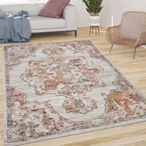 Paco Home - Tapis De Salon Poils Ras Vintage Pastel Motif Orient Bordure Blanc Cass&eacute; Beige 60x100 cm