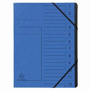 Exacompta Réf. 541202E - Carton de 10 trieurs dos agrafé - avec élastiques - couverture imprimée en carte lustrée et intérieur en carte recyclée noire - 12 compartiments - 24,5x 32 cm - A4 - bleu