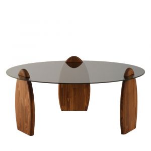 DRAWER Table basse ronde en verre trempé et bois ø90cm - Verre fumé - Wo