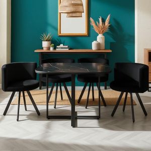 Menzzo Table carrée 90cm avec 4 chaises gain de place Oslo Effet marbre noir et Velours Noir