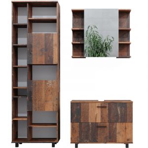 Vicco Set De Meubles De Salle De Bain Ilias, Chêne Rustique, 3 Pièces, Avec Armoire Haute