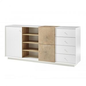 Image de Inside75 Buffet haut MARKUS 179 cm laqué blanc mat et décor chêne 2 portes 4 tiroirs 4 niches - blanc