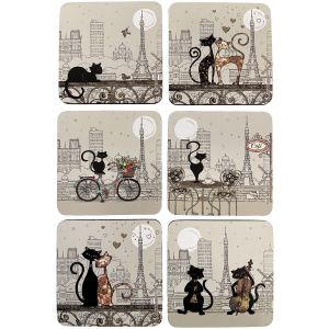Enesco Set de 6 sous-verre chats en bois et liège