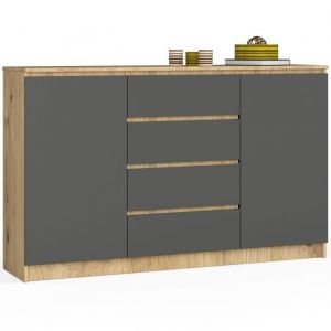 Grande Commode pour le salon Akord K160 Chêne Artisan 160 cm 2 portes 4 tiroirs façade Gris Graphite 4 étagères 160x40x99 cm