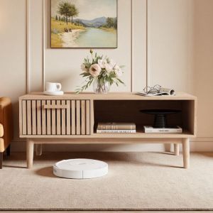 Table Basse - 100x50cm - Bois Naturel - Tiroir - Style Scandinave - Blanc/Ch&ecirc;ne Clair