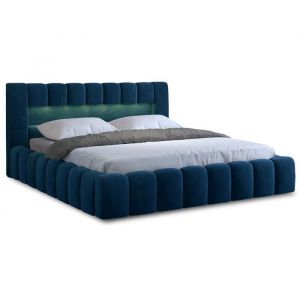Cleo - lit coffre avec led - 140x200 cm - sommier inclus - en velours - Bleu canard
