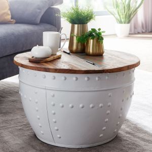 Table basse coffre 60x60x36 cm en manguier recyclé et fer blanc