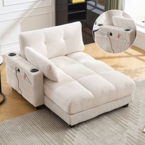 Canapés droits 112x140x81cm canapé-lit simple, fauteuil avec poches latérales et porte-gobelet, velours, beige