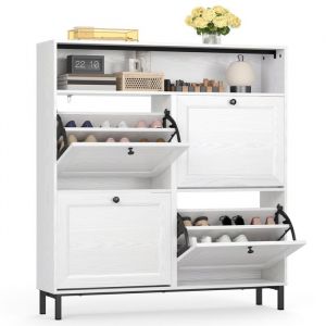 Meuble &agrave; Chaussure 4 Tiroirs Rabattable Bealife avec 1 Compartiment Ouvert Contenir 20 Paires de Chaussures Blanc 100 x 24 x 108 cm