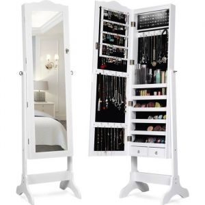 Image de COSTWAY Armoire à Bijoux sur Pied avec 14 lampes LED, Verrouillable, Réglable à 4 Angles avec 2 Tiroirs Blanc