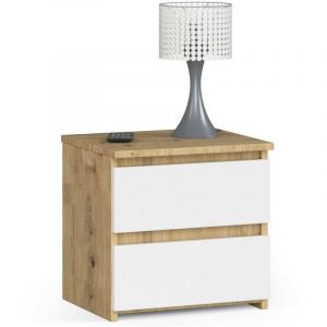 Table de chevet Akord Chêne Artisan 40 cm 2 tiroirs façade Blanche 40x35x40 cm