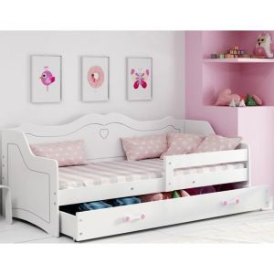 Lit enfant Julie 80x160 Barrière de sécurité- Tiroir -Sommier- Sans matelas (blanc)