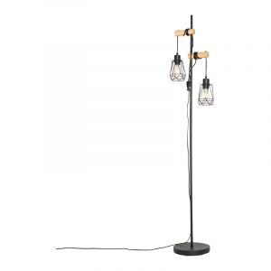 Qazqa Lampadaire Country noir avec bois 2 lumières avec abat-jour - Dami Frame