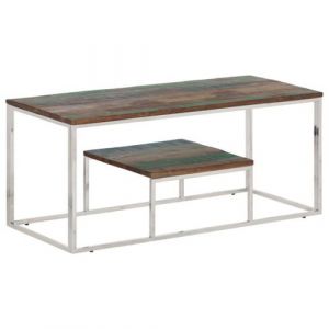 Table basse argent&eacute; acier inoxydable bois massif r&eacute;cup&eacute;ration
