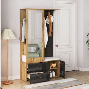 Liberté - Ensemble armoire, Porte manteau, miroir+patère+meuble à chaussures+2 tiroirs+tringle à vêtements rétractable, Noir+Bois