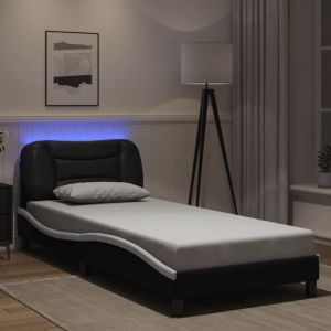 VidaXL Cadre de Lit avec Lumi&egrave;res LED, Lit Rembourr&eacute;, Lit Simple, Lit Adulte de Chambre &agrave; Coucher Int&eacute;rieur, Moderne, Noir Blanc 90x190 cm Similicuir