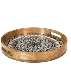 Plateau rond en bois de manguier avec motif mandala noir (&Oslash;35cm) - MANGO