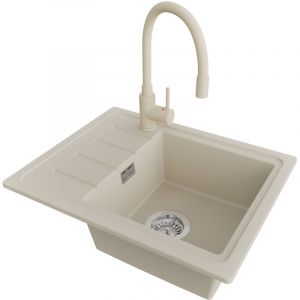 PRIMAGRAN Evier Cuisine en Granit 55x44cm,Lavabo 1 bac + Robinet 38x14cm + Kit de Vidage, &Eacute;vier &agrave; Encastrer au meuble 45cm - Copenhague Easy, Beige